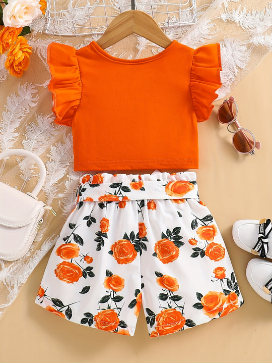 Vibrant Orange Floral Girls' 2PCS Set - Ruffle Sleeve Crop Top & High-Waisted Shorts