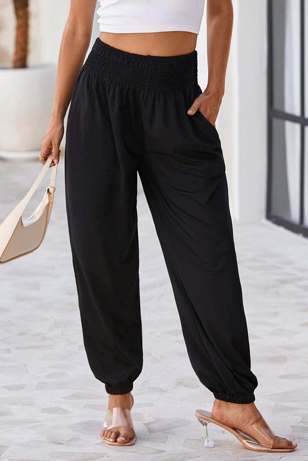 Black Smocked High Waist Joggers