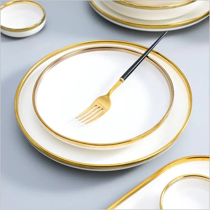 Matte Gilt Rim White Porcelain Dinner Tray & Plates