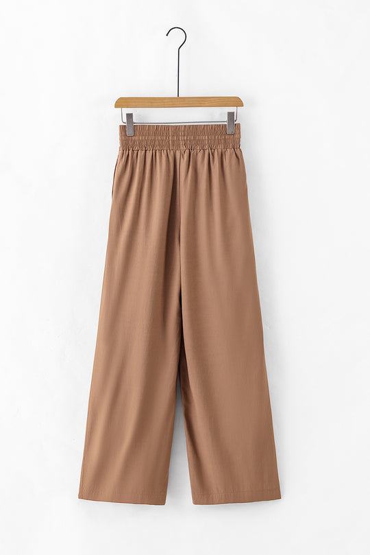 Brown Drawstring Elastic Waist Casual Wide Leg Pants