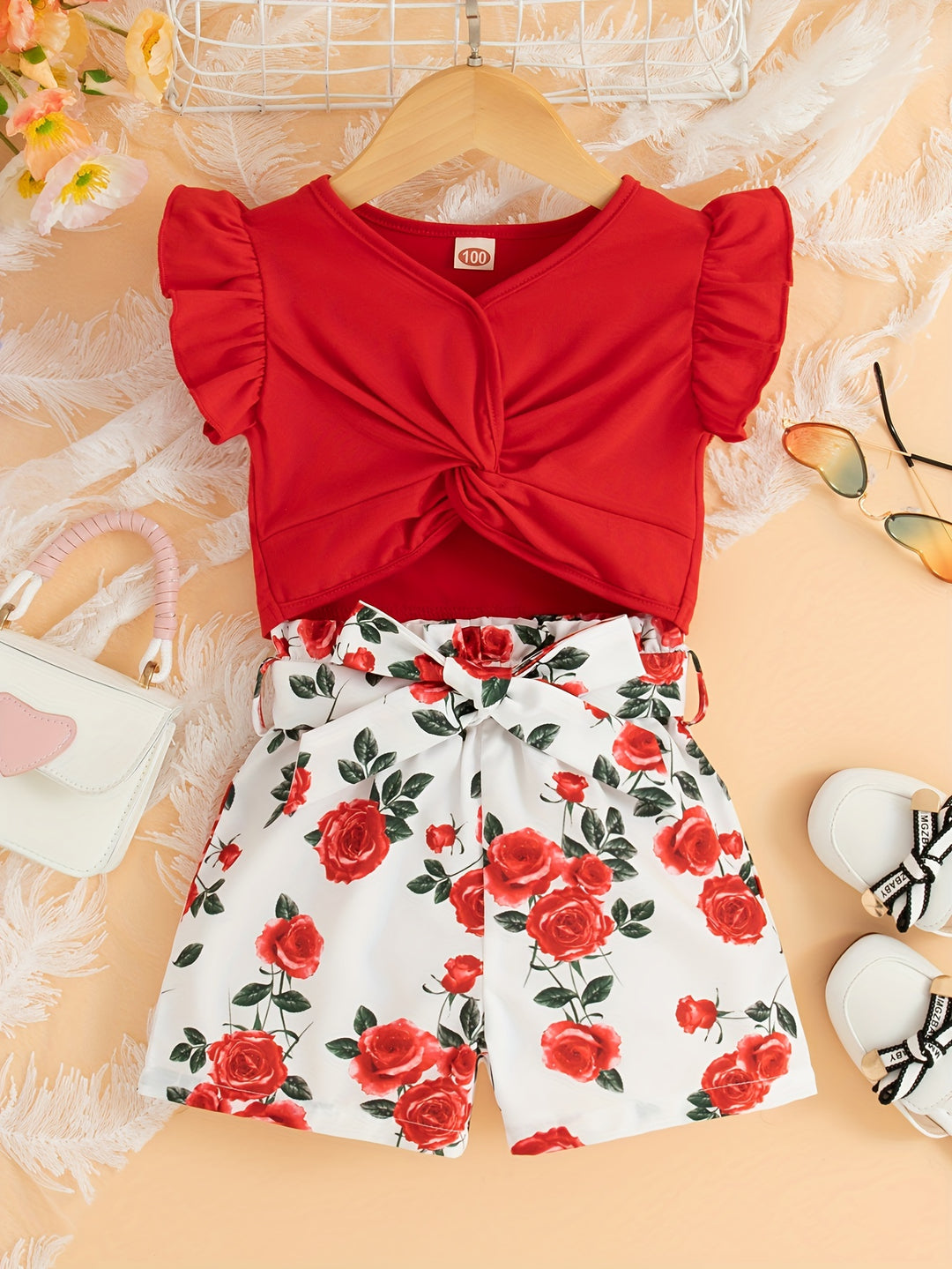 Vibrant Orange Floral Girls' 2PCS Set - Ruffle Sleeve Crop Top & High-Waisted Shorts