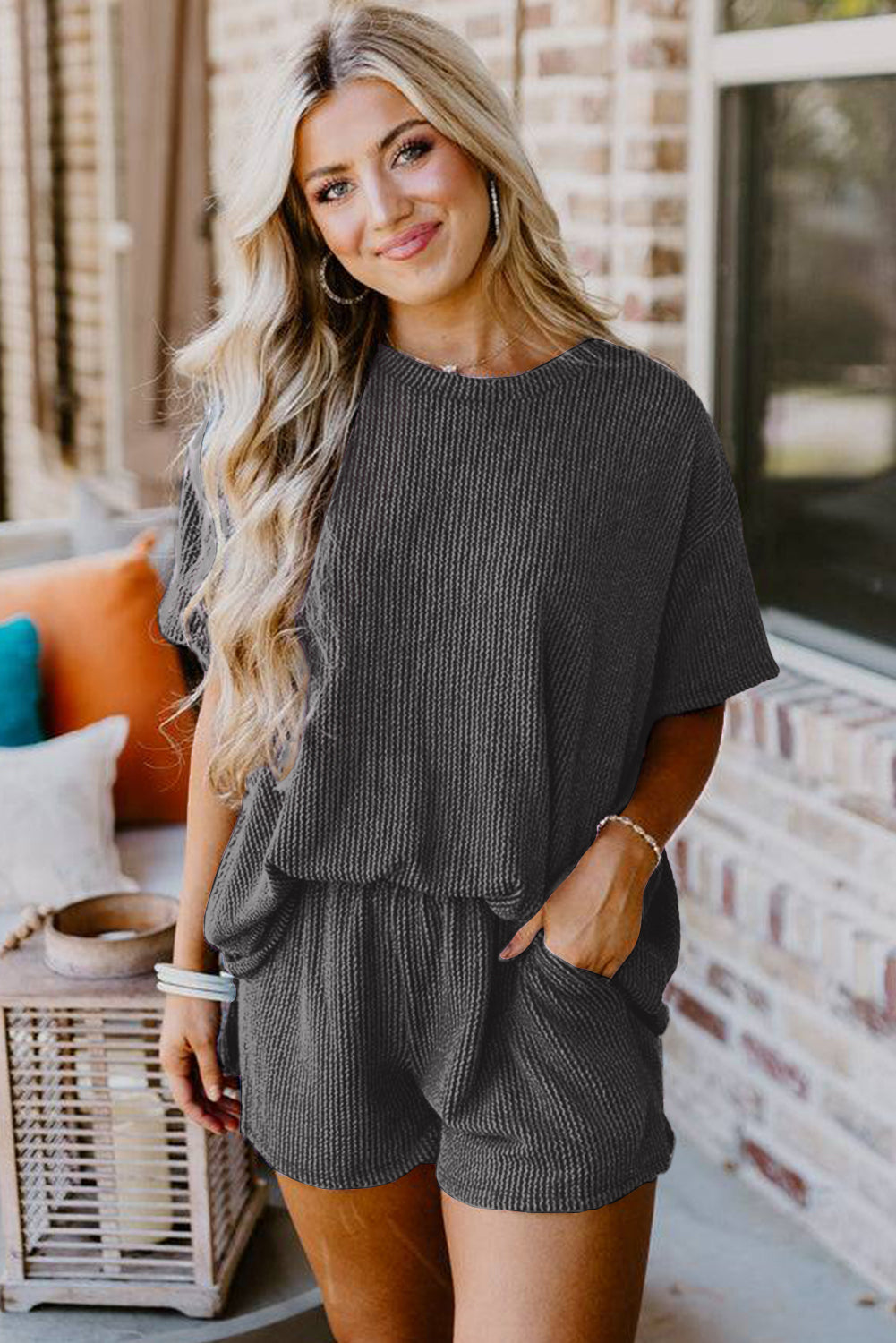 Carbon Grey Ribbed Textured Knit Loose Fit Tee and Shorts Set