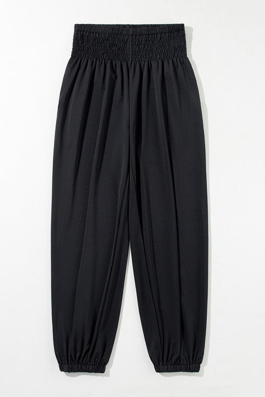 Black Smocked High Waist Joggers