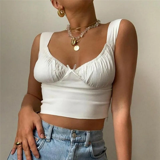 White Summer Milkmaid Crop Top with Ruched Bow Detail