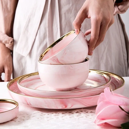 Elegant Pink Marble Dinnerware Set - Stylish Dinner Plates