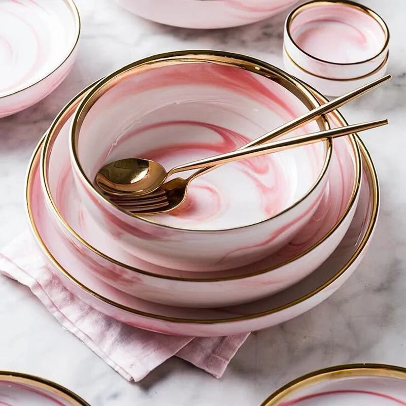 Elegant Pink Marble Dinnerware Set - Stylish Dinner Plates