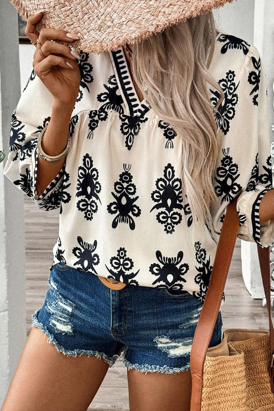 Beige Vintage Geometric Printed 3/4 Sleeve V Neck Blouse