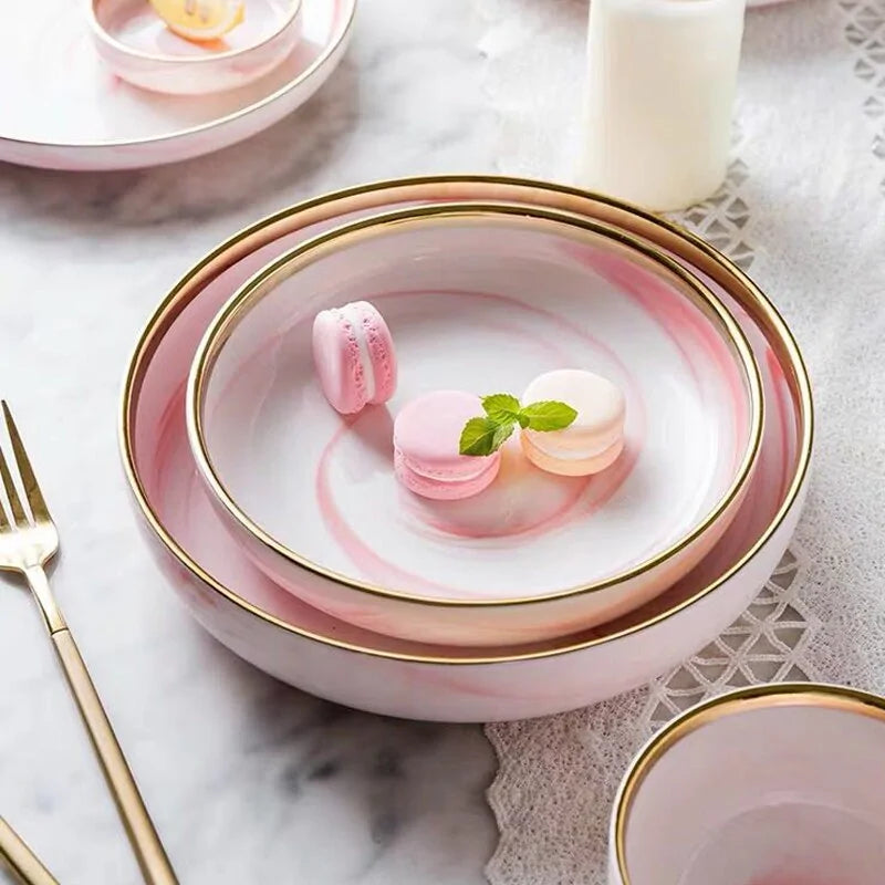 Elegant Pink Marble Dinnerware Set - Stylish Dinner Plates