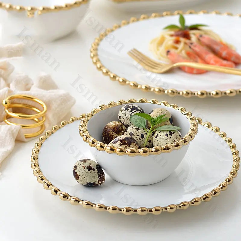 Nordic Gold Bead Ceramic Dinner Plates & Bowls Set