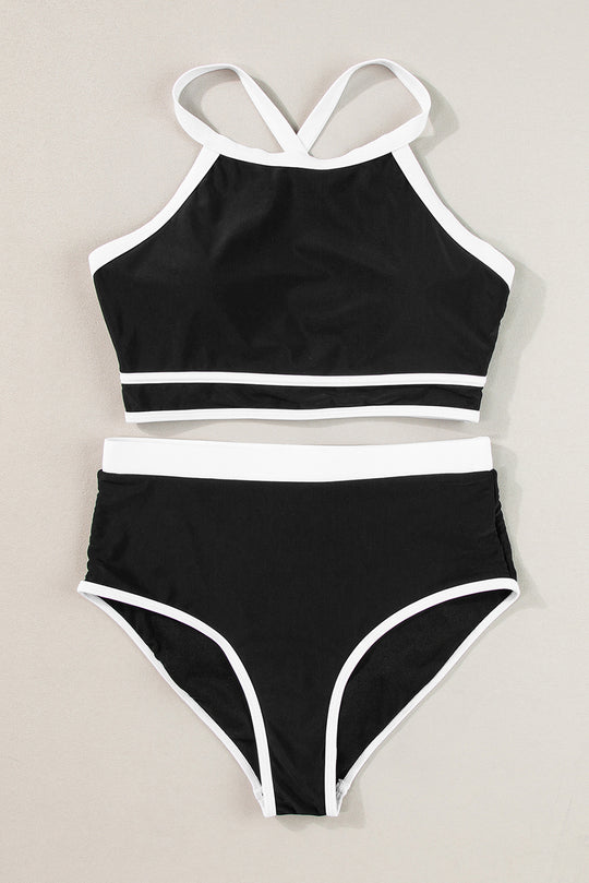 Black Contrast Trim Crisscross Back High Waisted Bikini