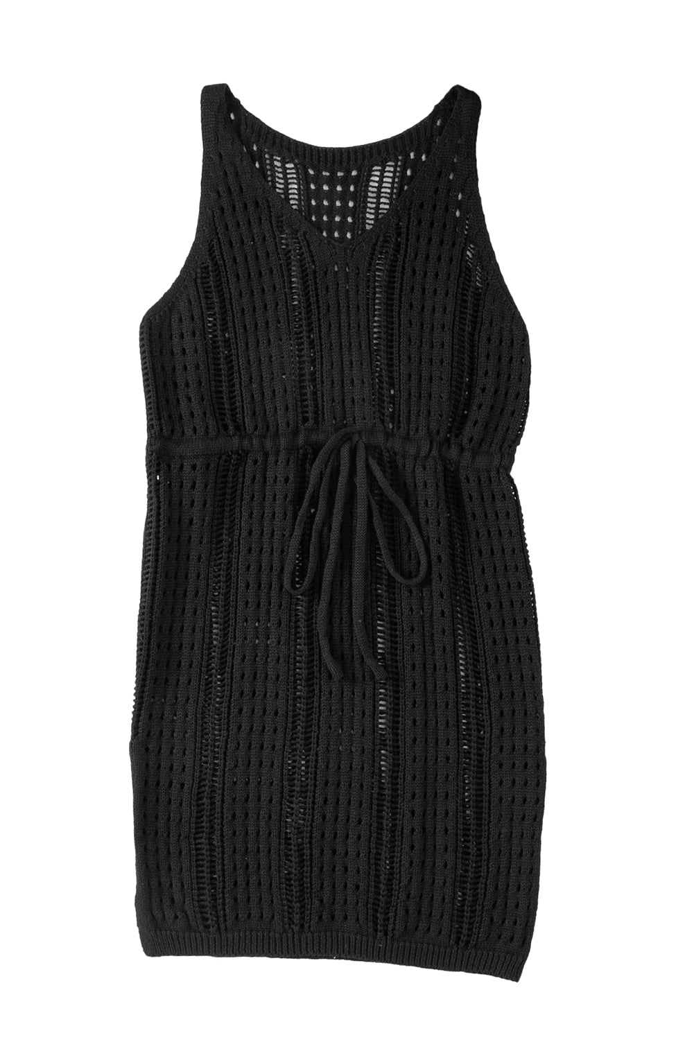 Black Crochet Hollow-out Sleeveless Beach Dress with Drawstring