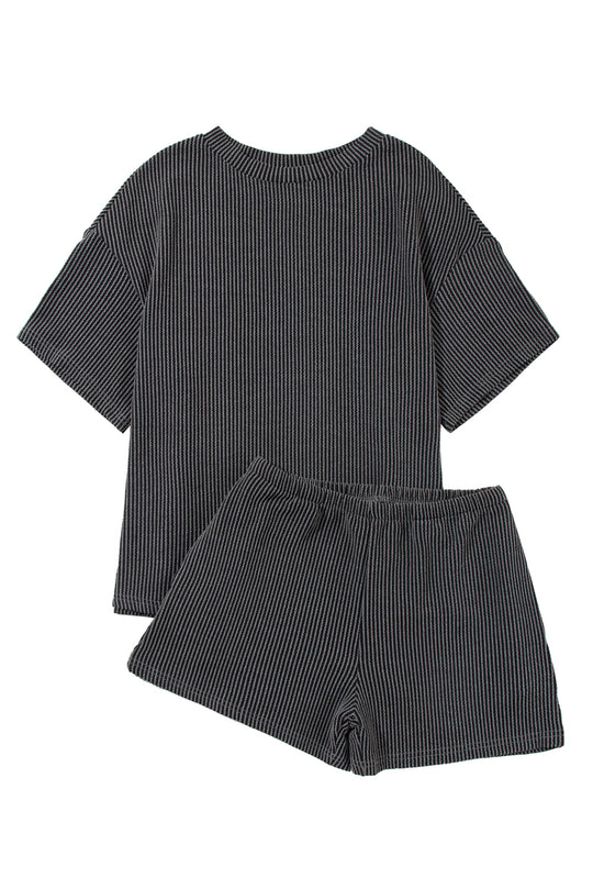 Carbon Grey Ribbed Knit Loose Fit Tee & Shorts Set