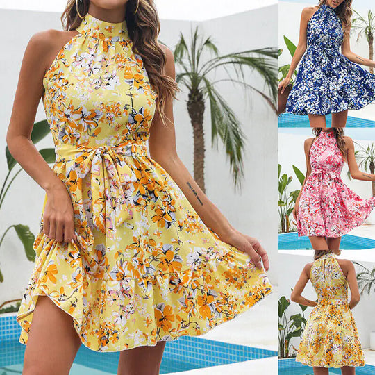 Flowers Print Halter neck Ruffled Dresses