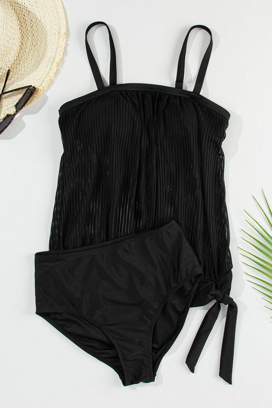 Black Striped Mesh Knotted Hem Tankini Swimsuit