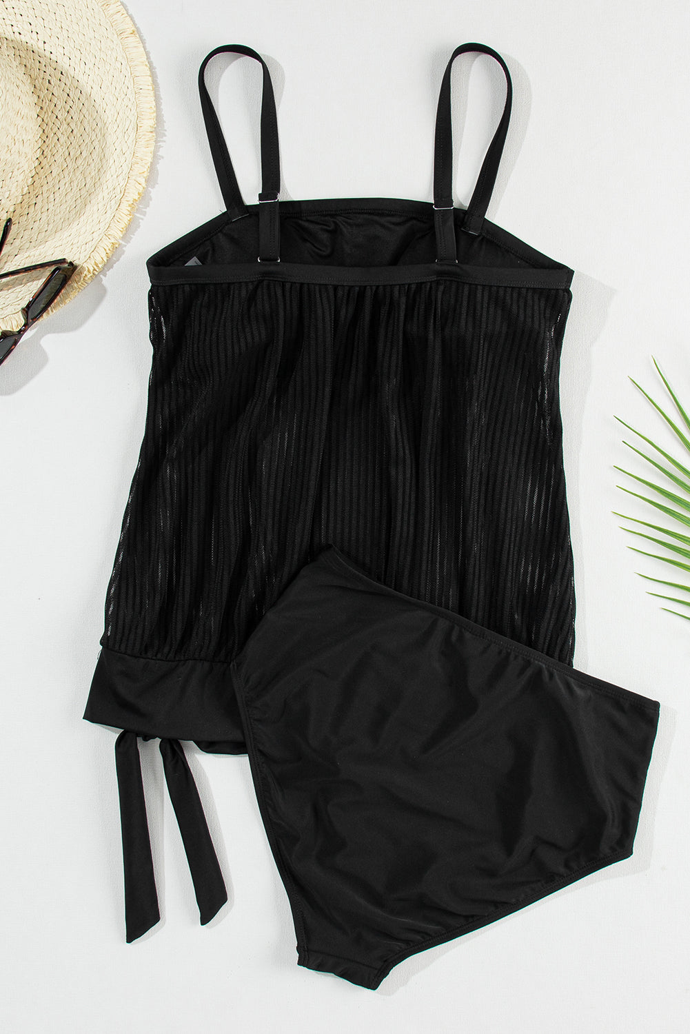 Black Striped Mesh Knotted Hem Tankini Swimsuit