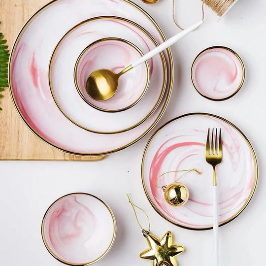 Elegant Pink Marble Dinnerware Set - Stylish Dinner Plates