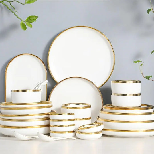 Matte Gilt Rim White Porcelain Dinner Tray & Plates