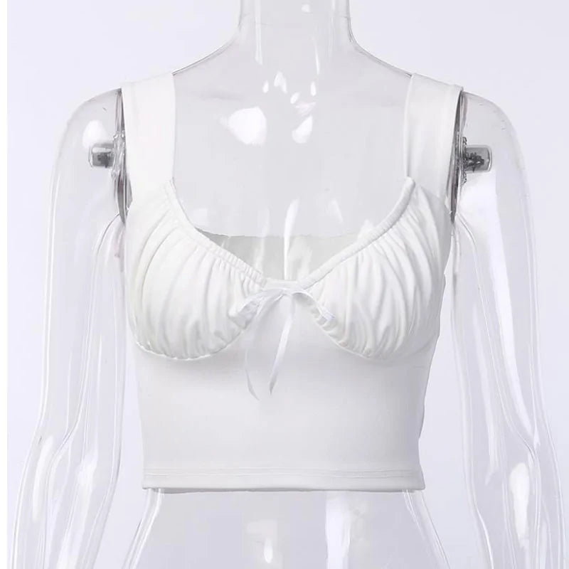 White Summer Milkmaid Crop Top with Ruched Bow Detail