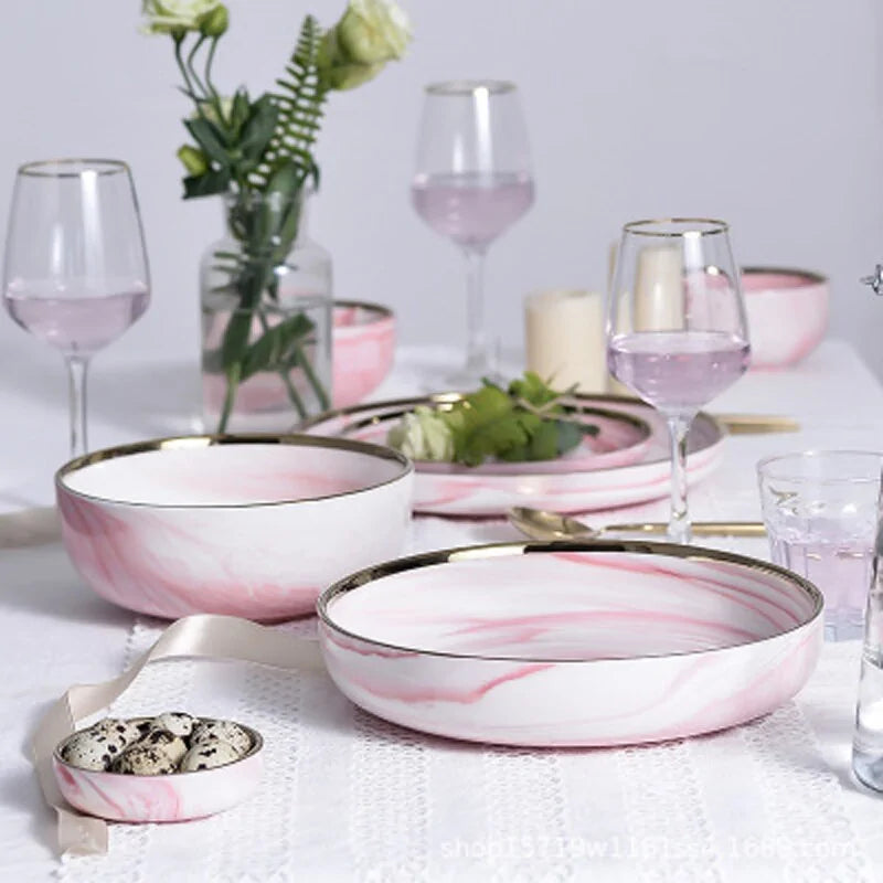 Elegant Pink Marble Dinnerware Set - Stylish Dinner Plates