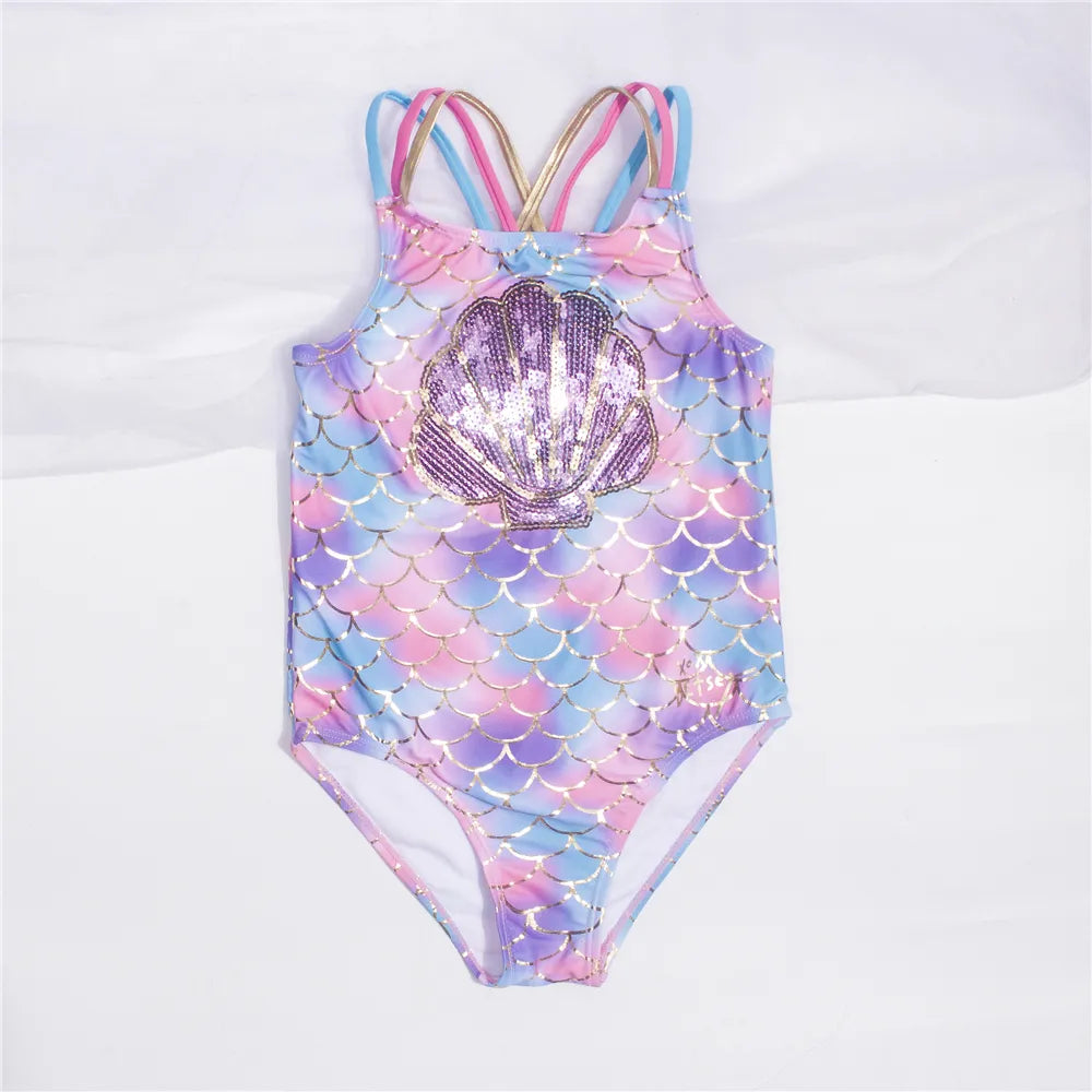 Bandage Girls Kids Swimsuit - Shell Shape Embroidery, One Piece Beachwear
