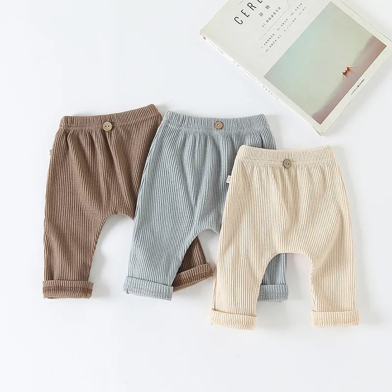 Casual Ribbed Elastic Striped Baby Trousers - Solid Color Bottoming Pant For Boys And Girls