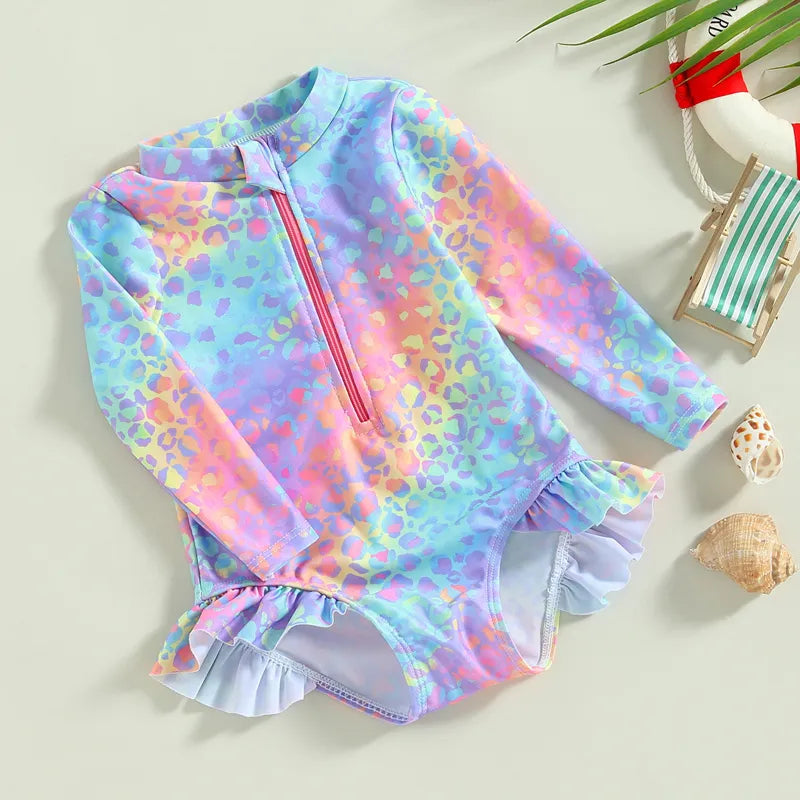 Kids Baby Girl Swimsuits - Fish Scale Print, Ruffles, Long Sleeve Jumpsuit Swimwear