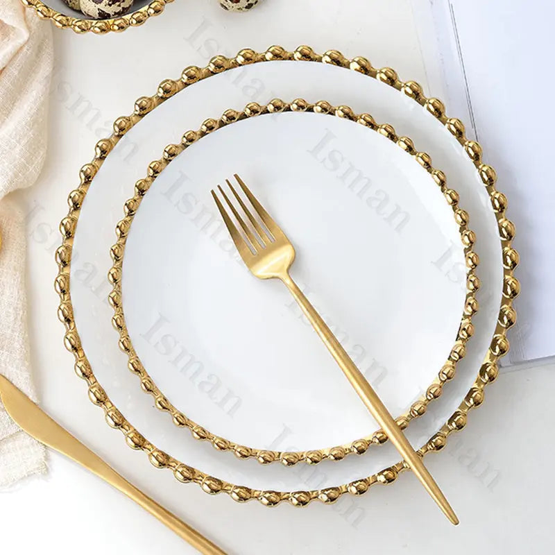 Nordic Gold Bead Ceramic Dinner Plates & Bowls Set