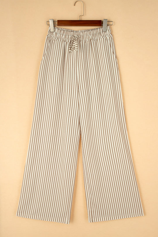 Khaki Stripe Print Wide Leg Drawstring Pants