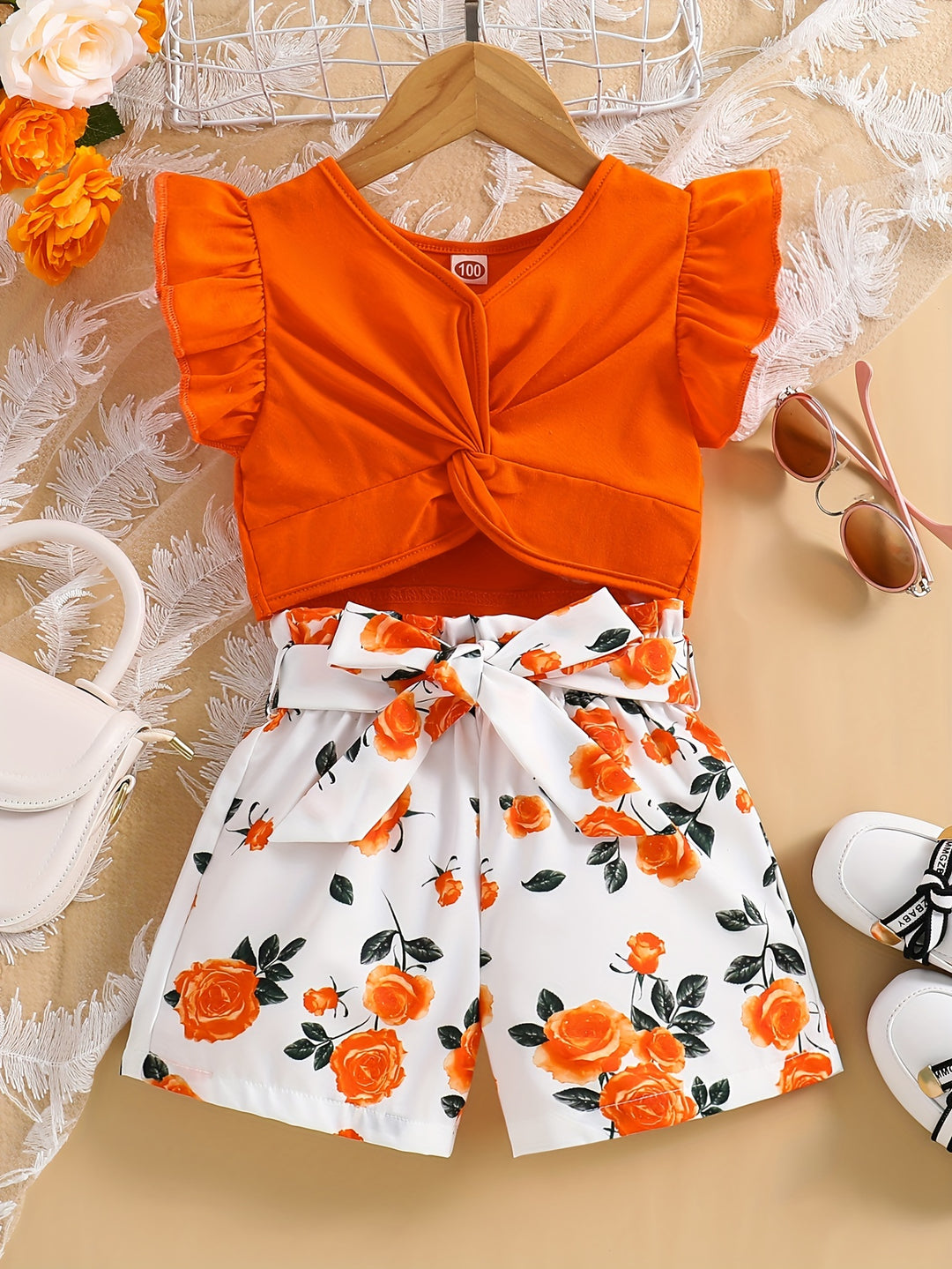 Vibrant Orange Floral Girls' 2PCS Set - Ruffle Sleeve Crop Top & High-Waisted Shorts