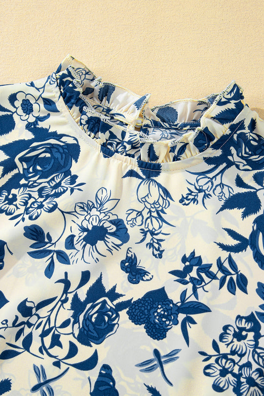 Sky Blue Floral Print Flounce Sleeve Keyhole Back Blouse