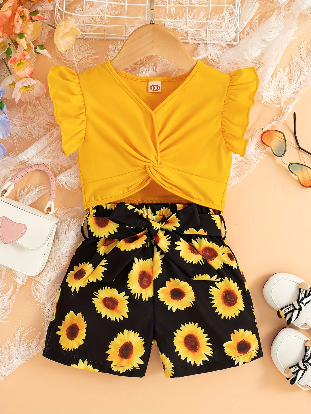 Vibrant Orange Floral Girls' 2PCS Set - Ruffle Sleeve Crop Top & High-Waisted Shorts