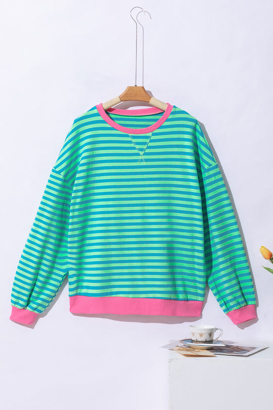 Sky Blue Stripe Oversized Contrast Trim Pullover Sweatshirt