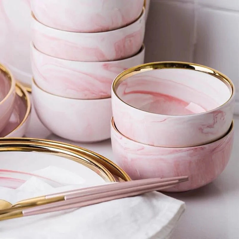 Elegant Pink Marble Dinnerware Set - Stylish Dinner Plates