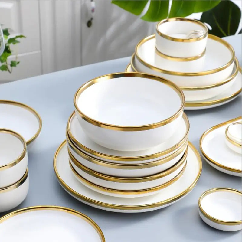 Matte Gilt Rim White Porcelain Dinner Tray & Plates