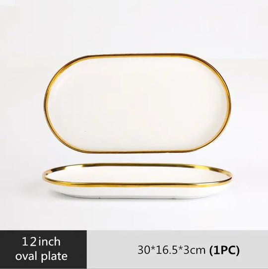 Matte Gilt Rim White Porcelain Dinner Tray & Plates