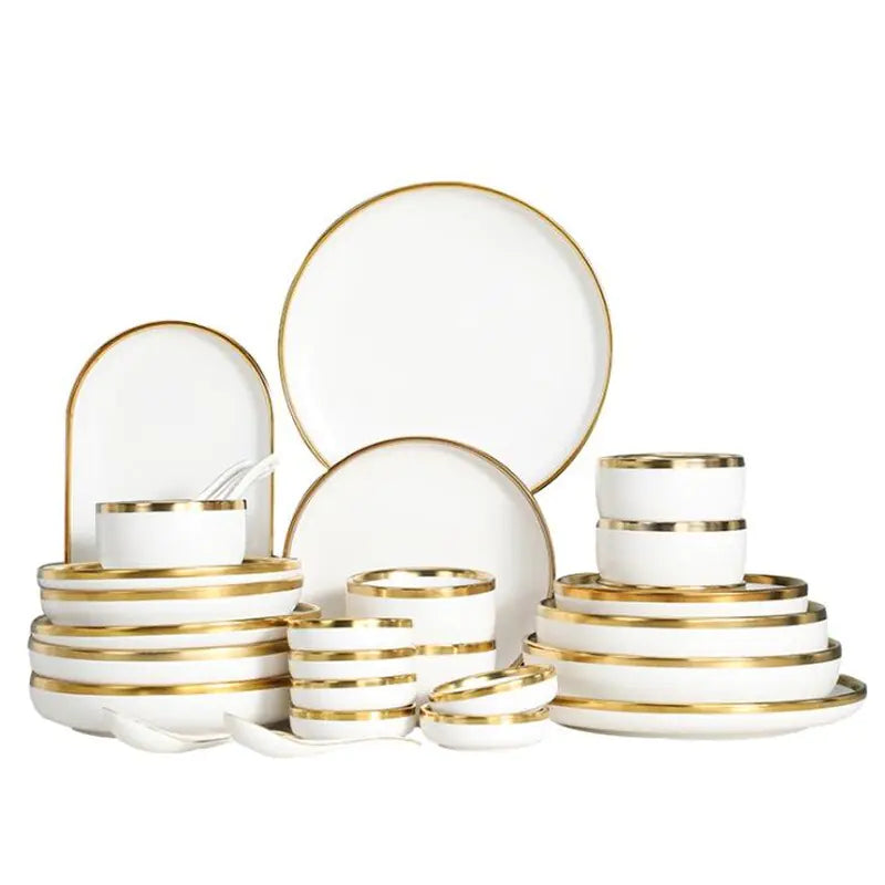 Matte Gilt Rim White Porcelain Dinner Tray & Plates