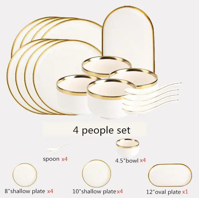 Matte Gilt Rim White Porcelain Dinner Tray & Plates